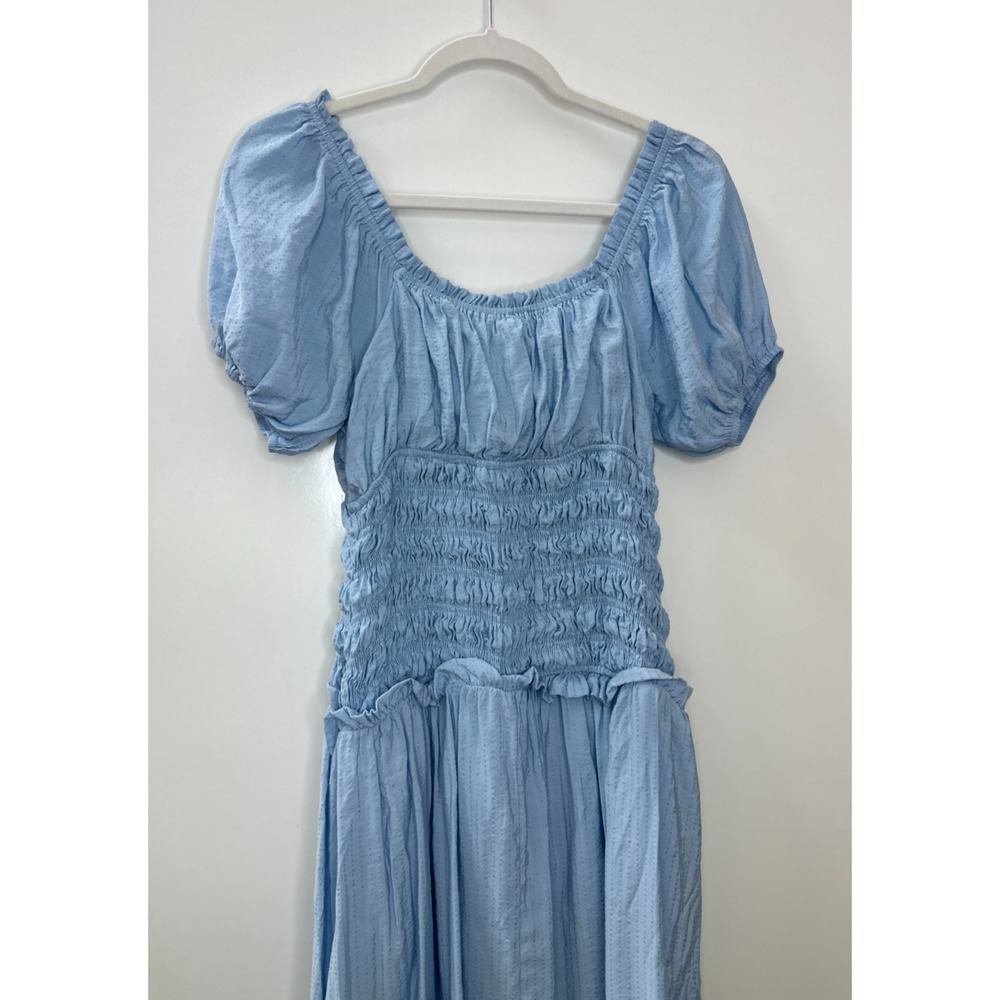 LE LIS Light Blue Smocked Puff Sleeve Midi Dress M Milkmaid Cottagecore Coquette - Picture 10 of 16